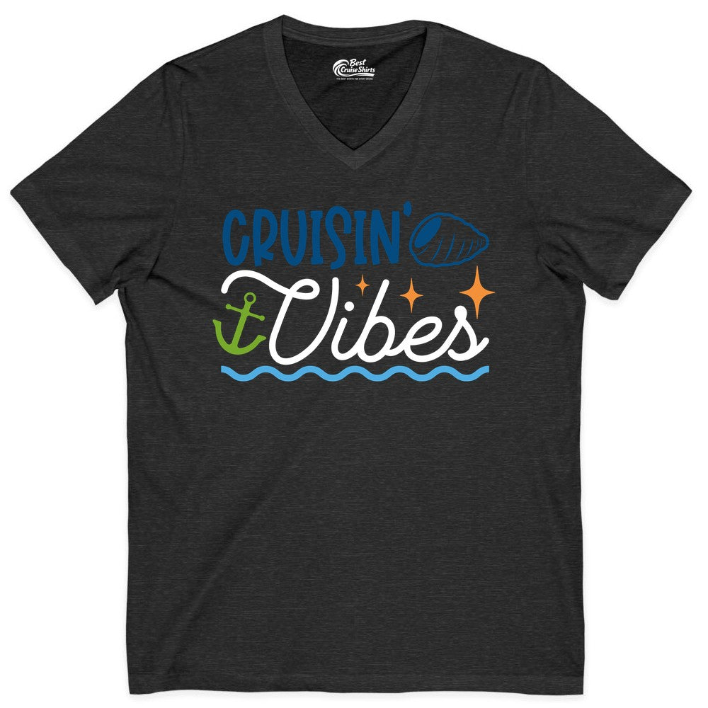 Cruisin Vibes Shirt - Nautical Cruise Apparel for Vacation Getaways (V-Neck) in Dark Grey Heather - Cruisin Vibes Shirt - Playful Nautical Cruise Vacation Design