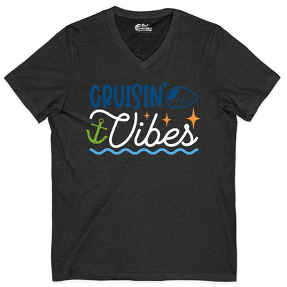 Cruisin Vibes Shirt - Nautical Cruise Apparel for Vacation Getaways (V-Neck) in Dark Grey Heather - Cruisin Vibes Shirt - Playful Nautical Cruise Vacation Design