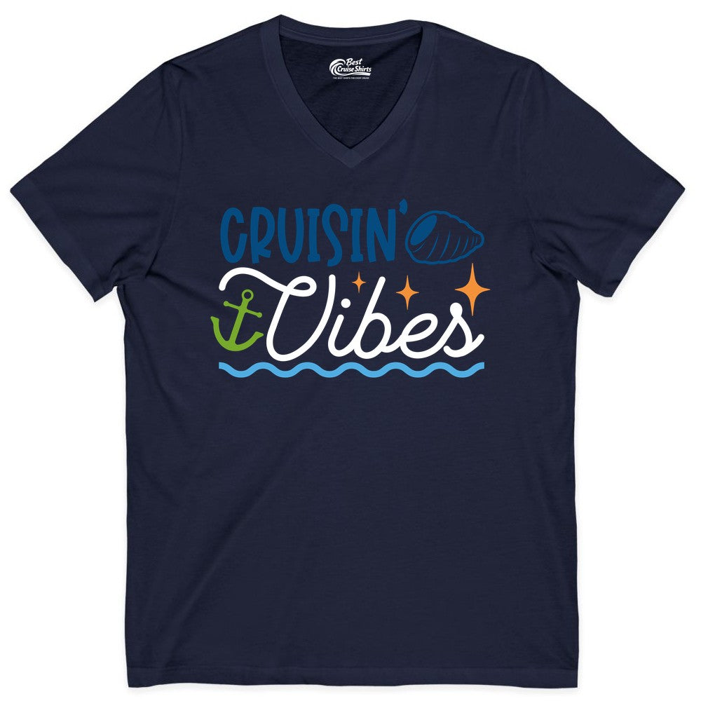 Cruisin Vibes Shirt - Nautical Cruise Apparel for Vacation Getaways (V-Neck) in Navy - Cruisin Vibes Shirt - Playful Nautical Cruise Vacation Design