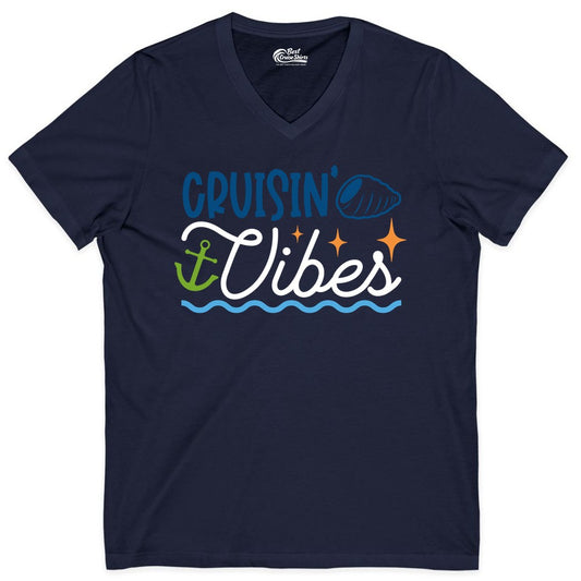 Cruisin Vibes Shirt - Nautical Cruise Apparel for Vacation Getaways (V-Neck) in Navy - Cruisin Vibes Shirt - Playful Nautical Cruise Vacation Design