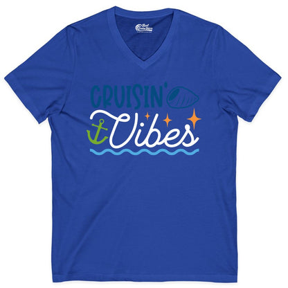 Cruisin Vibes Shirt - Nautical Cruise Apparel for Vacation Getaways (V-Neck) in True Royal - Cruisin Vibes Shirt - Playful Nautical Cruise Vacation Design