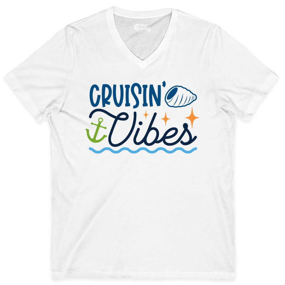 Cruisin Vibes Shirt - Nautical Cruise Apparel for Vacation Getaways (V-Neck) in White - Cruisin Vibes Shirt - Playful Nautical Cruise Vacation Design