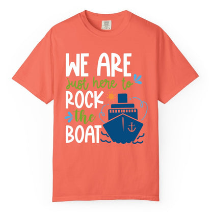 Funny Cruise Shirt - Rock the Boat Cruise Vacation Group Tee (Comfort Color) in Bright Salmon - Funny Cruise Shirt - We Are Here To Rock The Boat Playful Ship Design