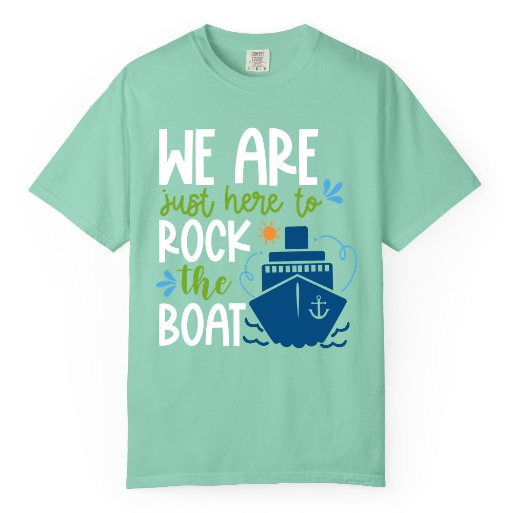 Funny Cruise Shirt - Rock the Boat Cruise Vacation Group Tee (Comfort Color) in Island Reef - Funny Cruise Shirt - We Are Here To Rock The Boat Playful Ship Design