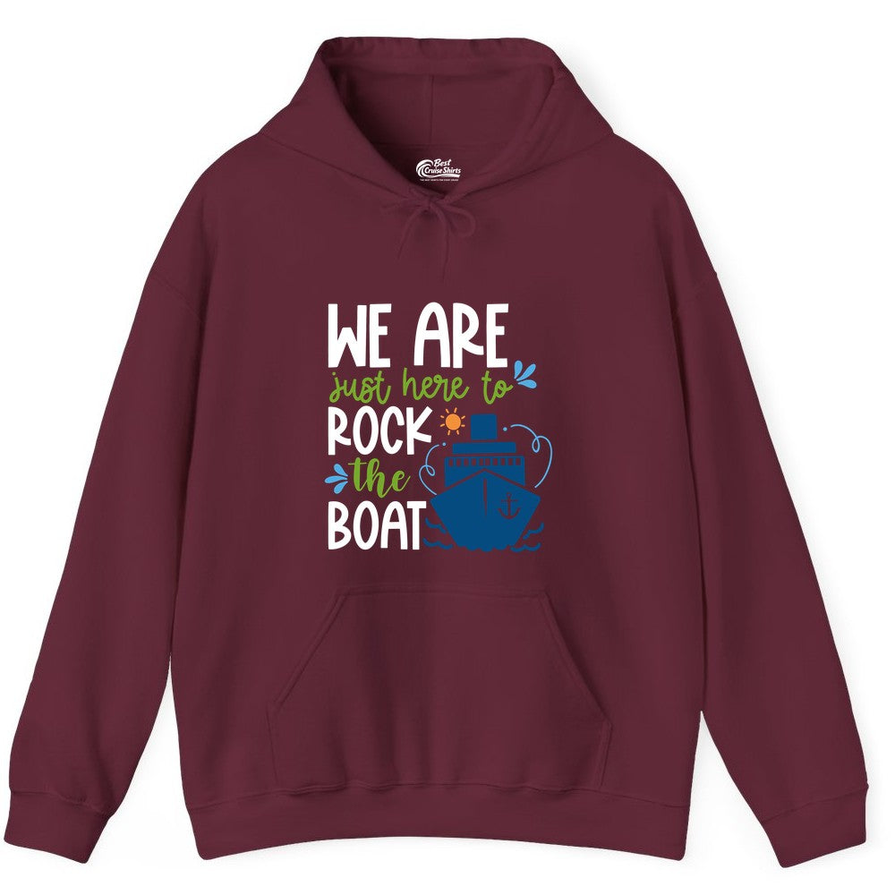 Funny Cruise Shirt - Rock the Boat Cruise Vacation Group Tee (Hoodie) in Maroon - Funny Cruise Shirt - We Are Here To Rock The Boat Playful Ship Design