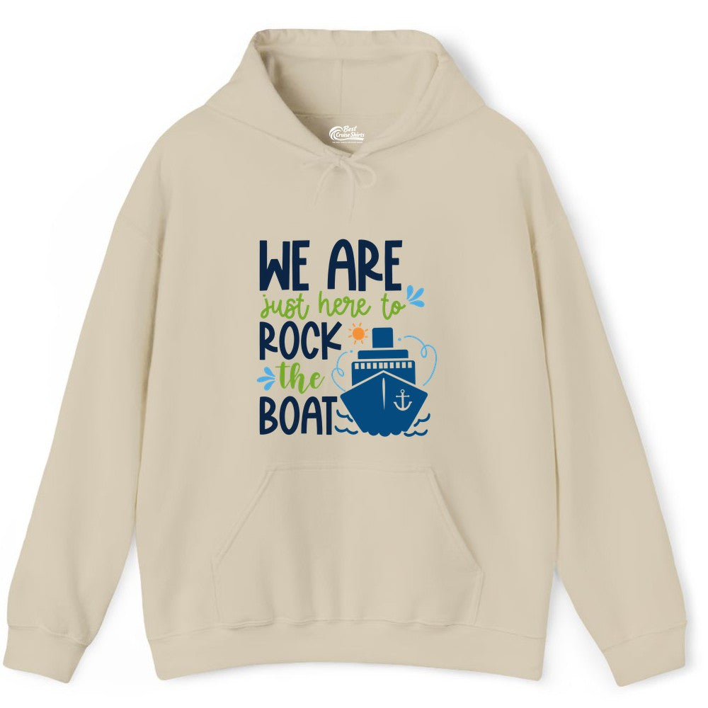 Funny Cruise Shirt - Rock the Boat Cruise Vacation Group Tee (Hoodie) in Sand - Funny Cruise Shirt - We Are Here To Rock The Boat Playful Ship Design