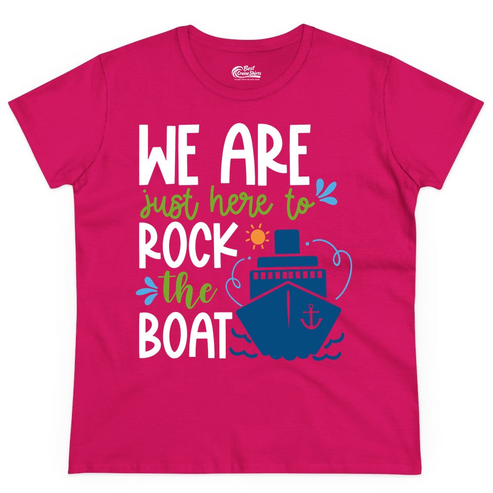Funny Cruise Shirt - Rock the Boat Cruise Vacation Group Tee (Ladies Tee) in Heliconia - Funny Cruise Shirt - We Are Here To Rock The Boat Playful Ship Design
