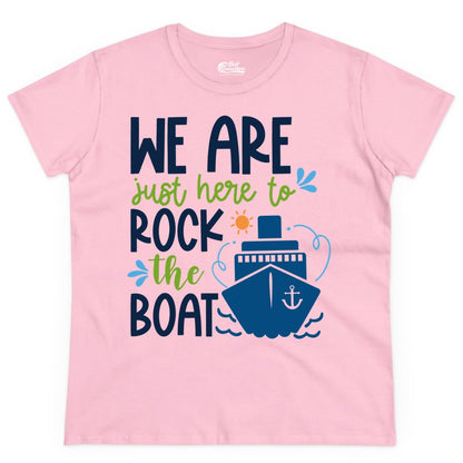 Funny Cruise Shirt - Rock the Boat Cruise Vacation Group Tee (Ladies Tee) in Light Pink - Funny Cruise Shirt - We Are Here To Rock The Boat Playful Ship Design