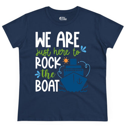 Funny Cruise Shirt - Rock the Boat Cruise Vacation Group Tee (Ladies Tee) in Navy - Funny Cruise Shirt - We Are Here To Rock The Boat Playful Ship Design