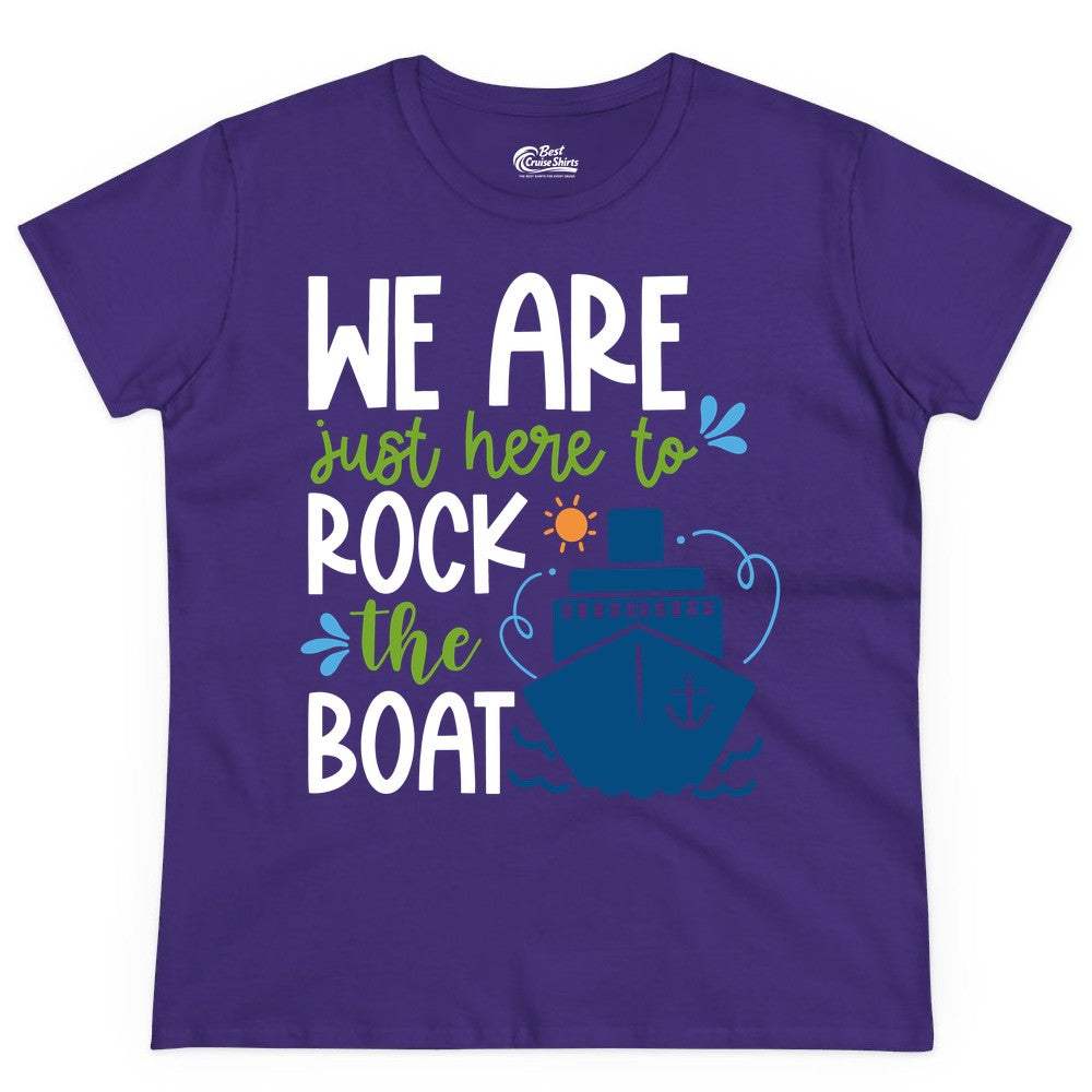 Funny Cruise Shirt - Rock the Boat Cruise Vacation Group Tee (Ladies Tee) in Purple - Funny Cruise Shirt - We Are Here To Rock The Boat Playful Ship Design
