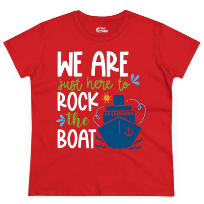 Funny Cruise Shirt - Rock the Boat Cruise Vacation Group Tee (Ladies Tee) in Red - Funny Cruise Shirt - We Are Here To Rock The Boat Playful Ship Design