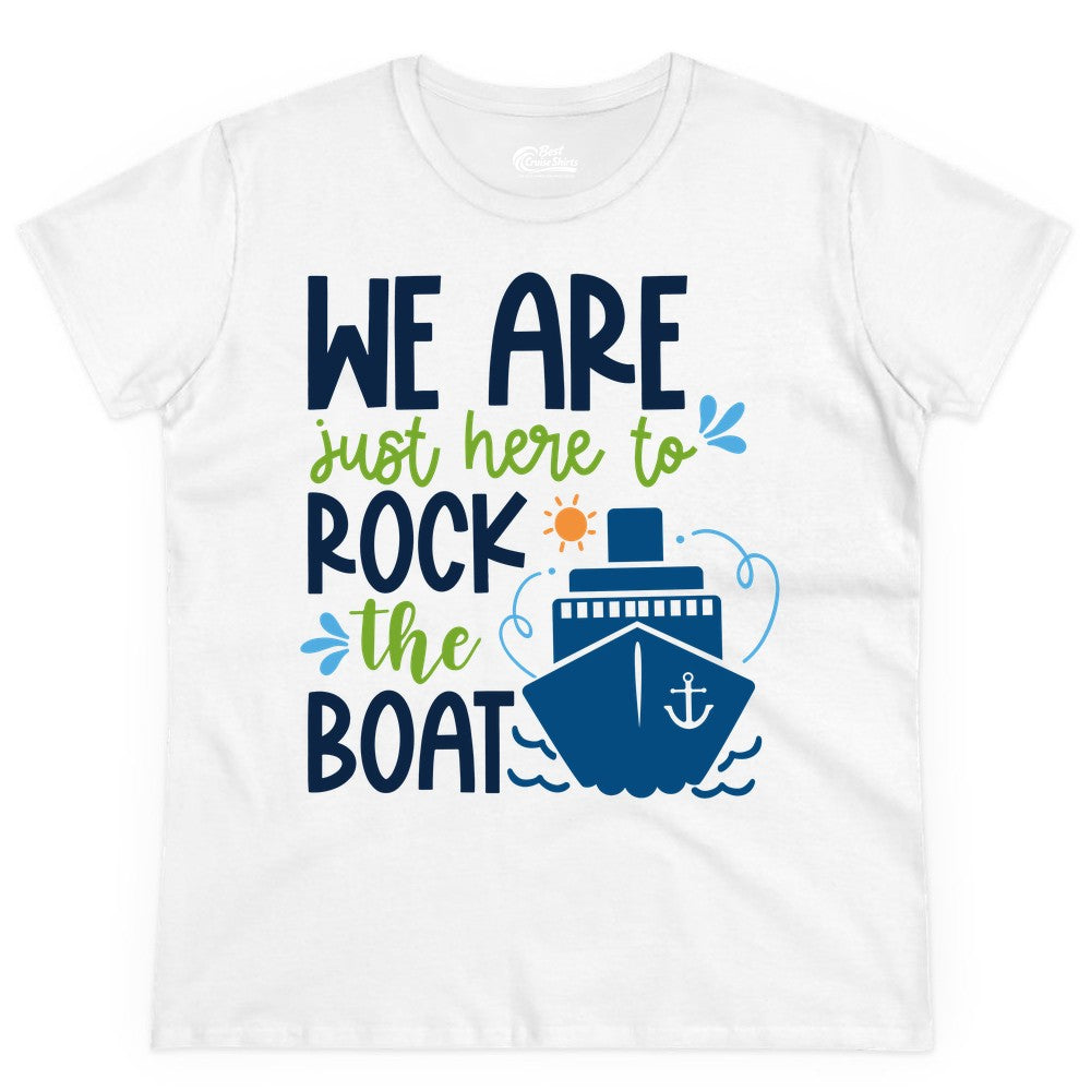 Funny Cruise Shirt - Rock the Boat Cruise Vacation Group Tee (Ladies Tee) in White - Funny Cruise Shirt - We Are Here To Rock The Boat Playful Ship Design