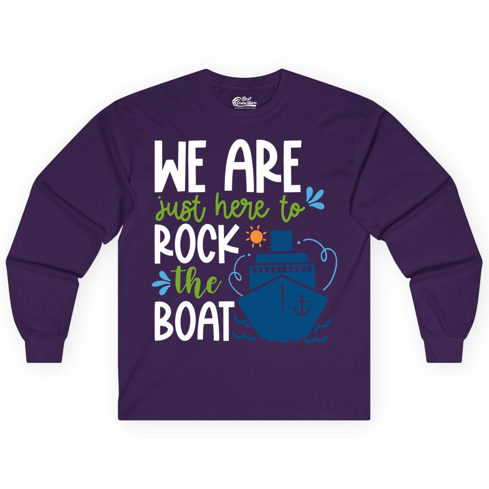 Funny Cruise Shirt - Rock the Boat Cruise Vacation Group Tee (Long Sleeve) in Purple - Funny Cruise Shirt - We Are Here To Rock The Boat Playful Ship Design