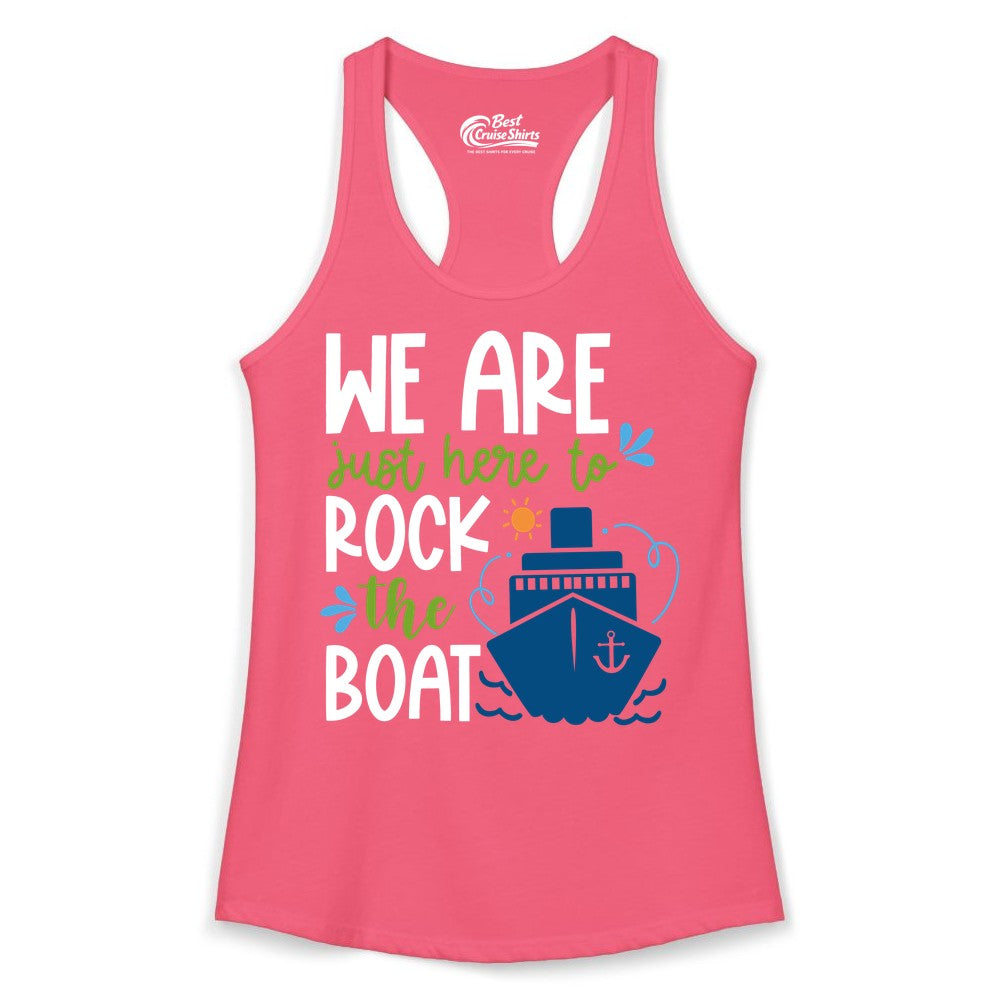 Funny Cruise Shirt - Rock the Boat Cruise Vacation Group Tee (Ladies Tank) in Hot Pink - Funny Cruise Shirt - We Are Here To Rock The Boat Playful Ship Design