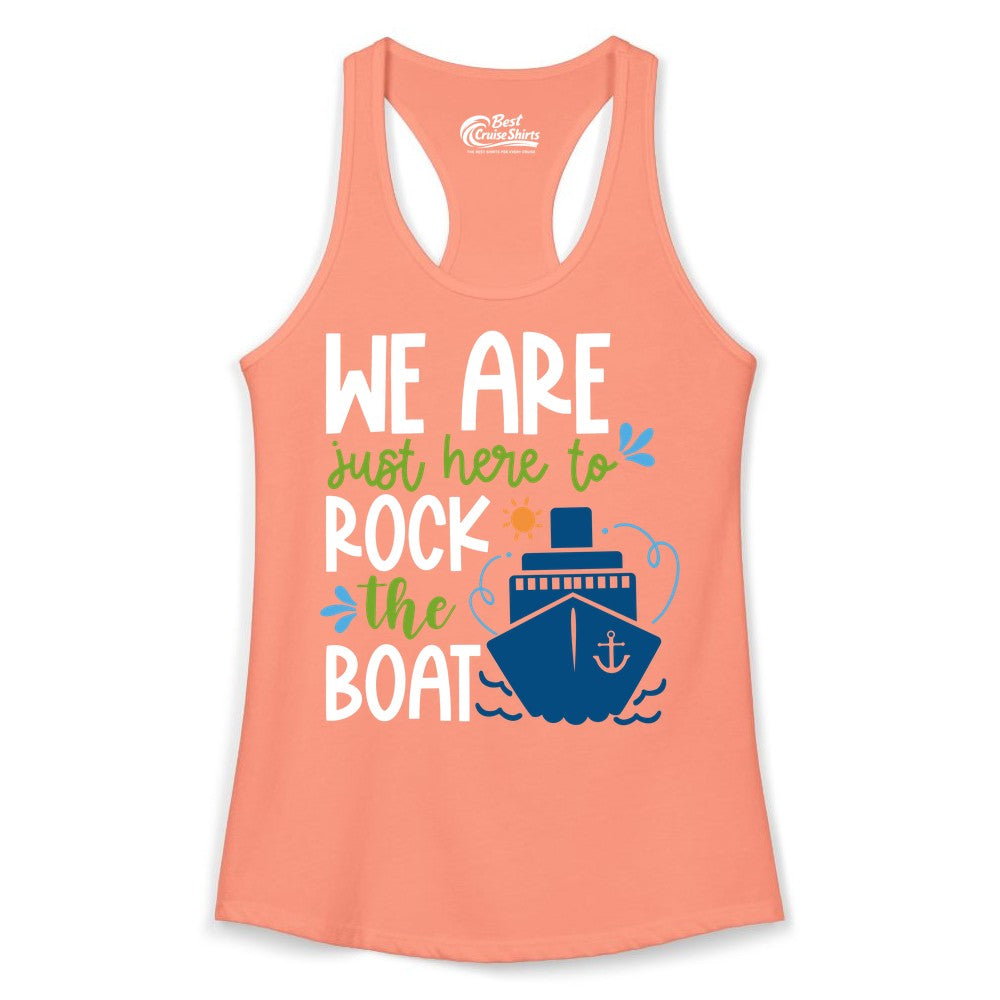 Funny Cruise Shirt - Rock the Boat Cruise Vacation Group Tee (Ladies Tank) in Solid Light Orange - Funny Cruise Shirt - We Are Here To Rock The Boat Playful Ship Design