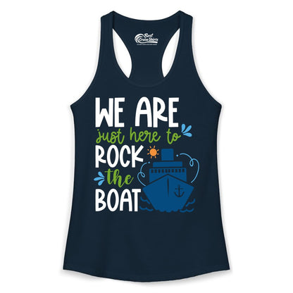 Funny Cruise Shirt - Rock the Boat Cruise Vacation Group Tee (Ladies Tank) in Solid Midnight Navy - Funny Cruise Shirt - We Are Here To Rock The Boat Playful Ship Design
