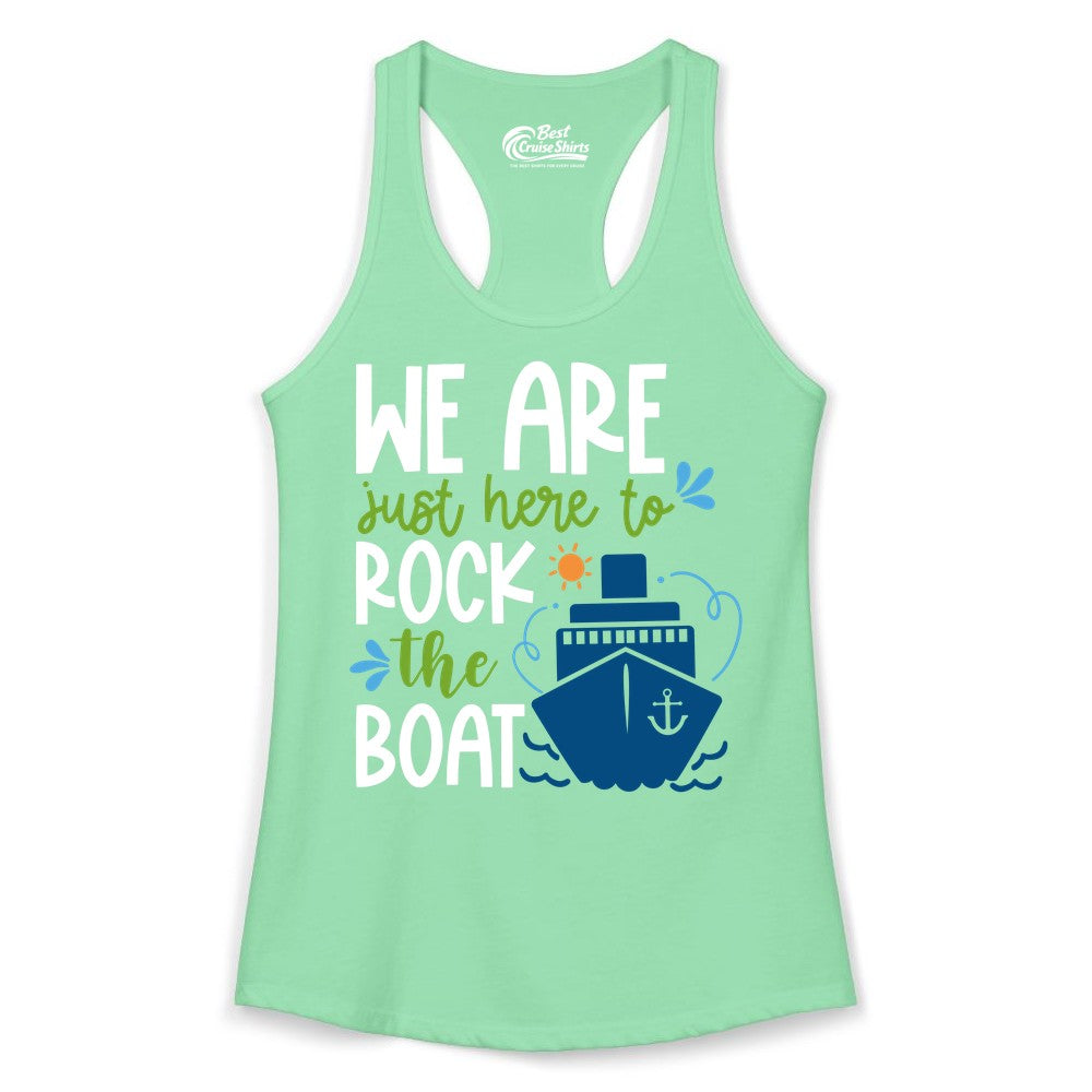 Funny Cruise Shirt - Rock the Boat Cruise Vacation Group Tee (Ladies Tank) in Solid Mint - Funny Cruise Shirt - We Are Here To Rock The Boat Playful Ship Design