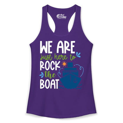 Funny Cruise Shirt - Rock the Boat Cruise Vacation Group Tee (Ladies Tank) in Solid Purple Rush - Funny Cruise Shirt - We Are Here To Rock The Boat Playful Ship Design