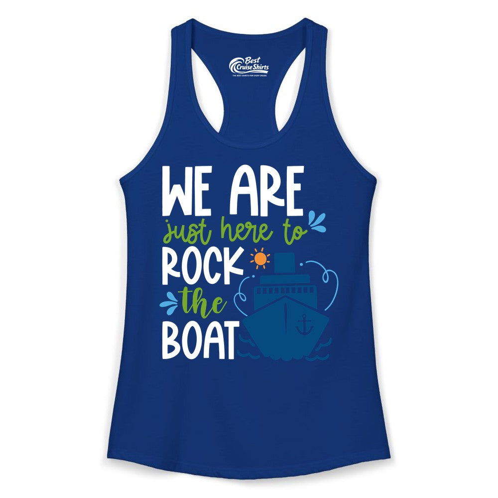 Funny Cruise Shirt - Rock the Boat Cruise Vacation Group Tee (Ladies Tank) in Solid Royal - Funny Cruise Shirt - We Are Here To Rock The Boat Playful Ship Design