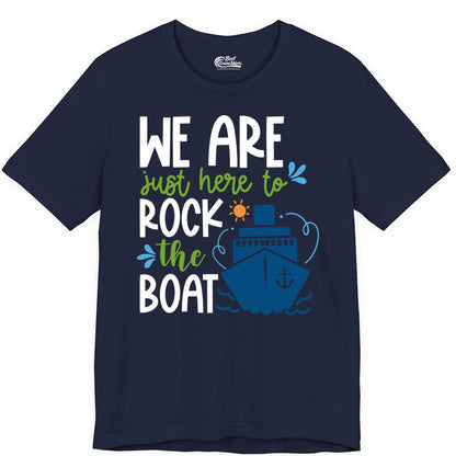 Funny Cruise Shirt - Rock the Boat Cruise Vacation Group Tee (Premium Tee) in Navy - Funny Cruise Shirt - We Are Here To Rock The Boat Playful Ship Design