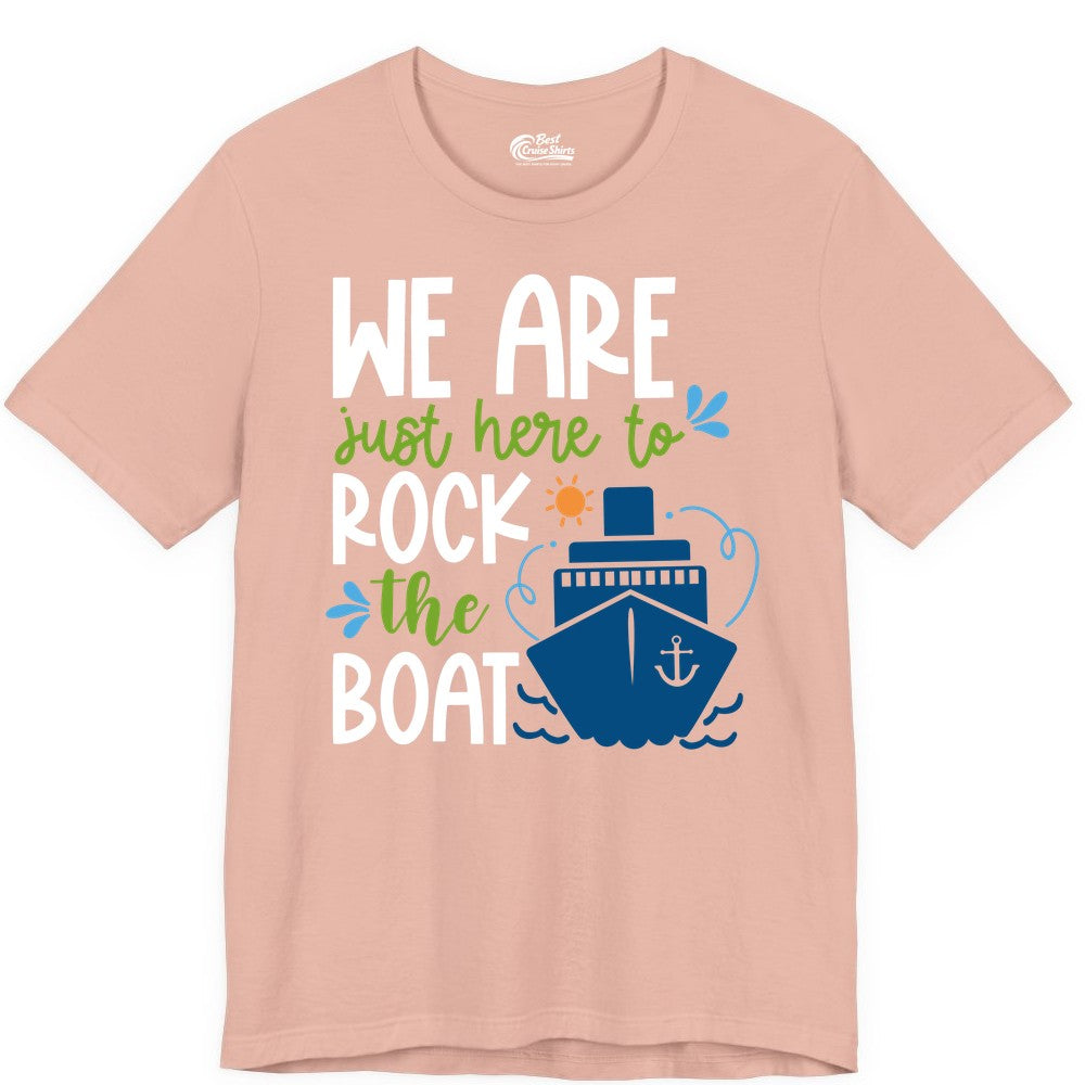 Funny Cruise Shirt - Rock the Boat Cruise Vacation Group Tee (Premium Tee) in Peach - Funny Cruise Shirt - We Are Here To Rock The Boat Playful Ship Design