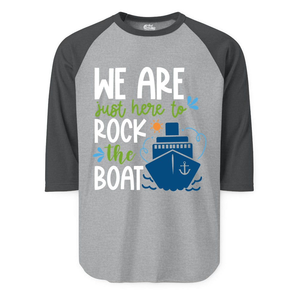 Funny Cruise Shirt - Rock the Boat Cruise Vacation Group Tee (Raglan) in Heather GreyHeather Charcoal - Funny Cruise Shirt - We Are Here To Rock The Boat Playful Ship Design
