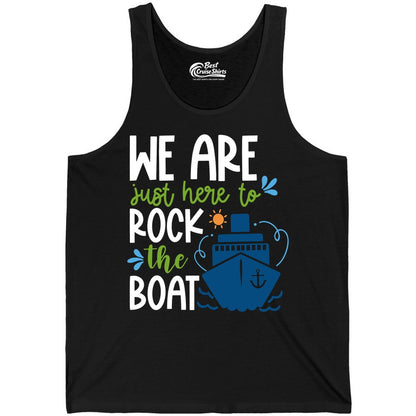 Funny Cruise Shirt - Rock the Boat Cruise Vacation Group Tee (Tank Top) in Black - Funny Cruise Shirt - We Are Here To Rock The Boat Playful Ship Design