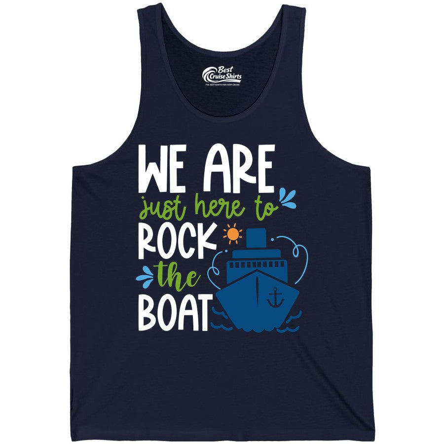 Funny Cruise Shirt - Rock the Boat Cruise Vacation Group Tee (Tank Top) in Navy - Funny Cruise Shirt - We Are Here To Rock The Boat Playful Ship Design