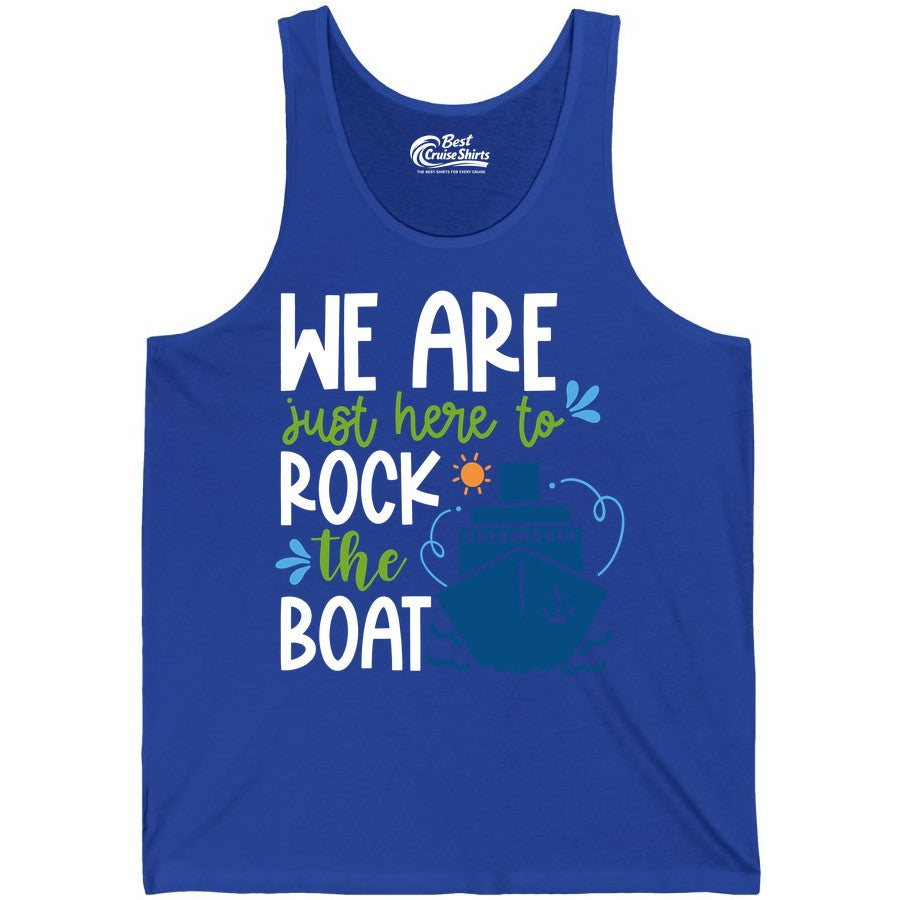 Funny Cruise Shirt - Rock the Boat Cruise Vacation Group Tee (Tank Top) in True Royal - Funny Cruise Shirt - We Are Here To Rock The Boat Playful Ship Design