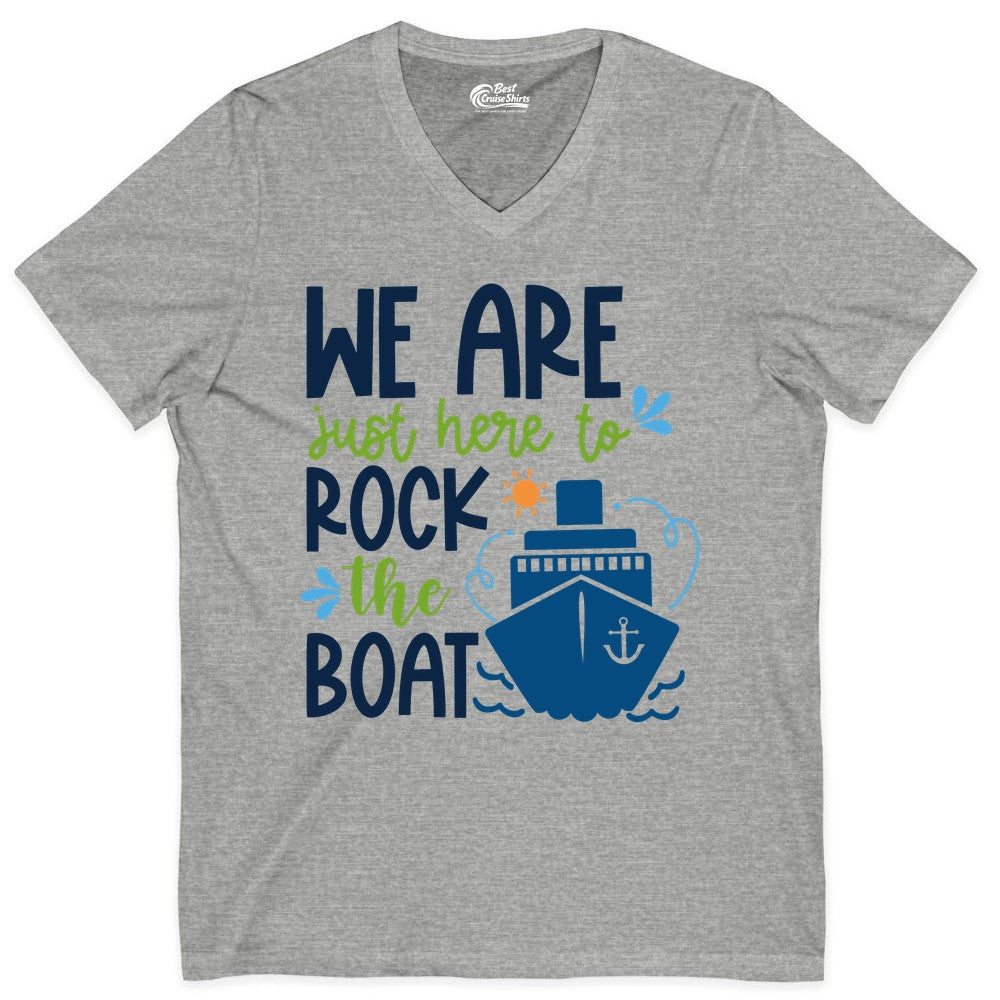 Funny Cruise Shirt - Rock the Boat Cruise Vacation Group Tee (V-Neck) in Athletic Heather - Funny Cruise Shirt - We Are Here To Rock The Boat Playful Ship Design
