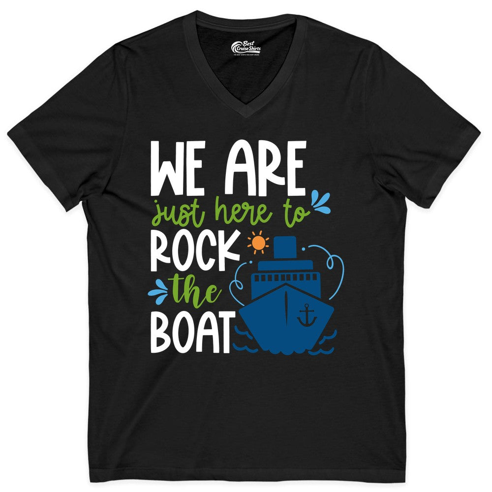 Funny Cruise Shirt - Rock the Boat Cruise Vacation Group Tee (V-Neck) in Black - Funny Cruise Shirt - We Are Here To Rock The Boat Playful Ship Design