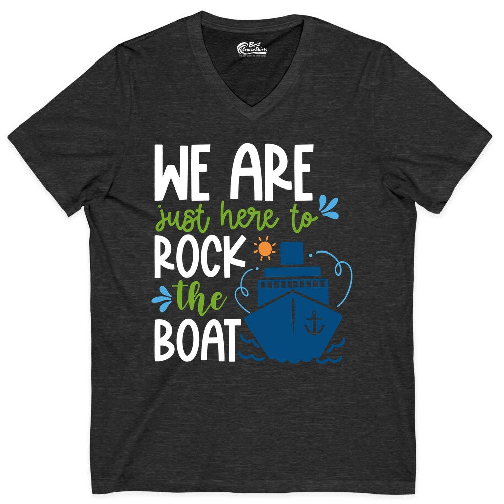 Funny Cruise Shirt - Rock the Boat Cruise Vacation Group Tee (V-Neck) in Dark Grey Heather - Funny Cruise Shirt - We Are Here To Rock The Boat Playful Ship Design