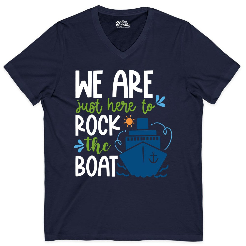 Funny Cruise Shirt - Rock the Boat Cruise Vacation Group Tee (V-Neck) in Navy - Funny Cruise Shirt - We Are Here To Rock The Boat Playful Ship Design