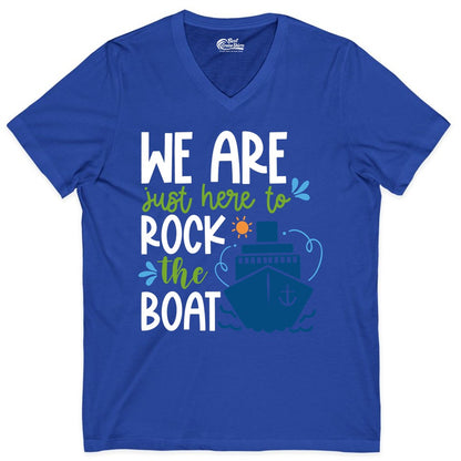 Funny Cruise Shirt - Rock the Boat Cruise Vacation Group Tee (V-Neck) in True Royal - Funny Cruise Shirt - We Are Here To Rock The Boat Playful Ship Design
