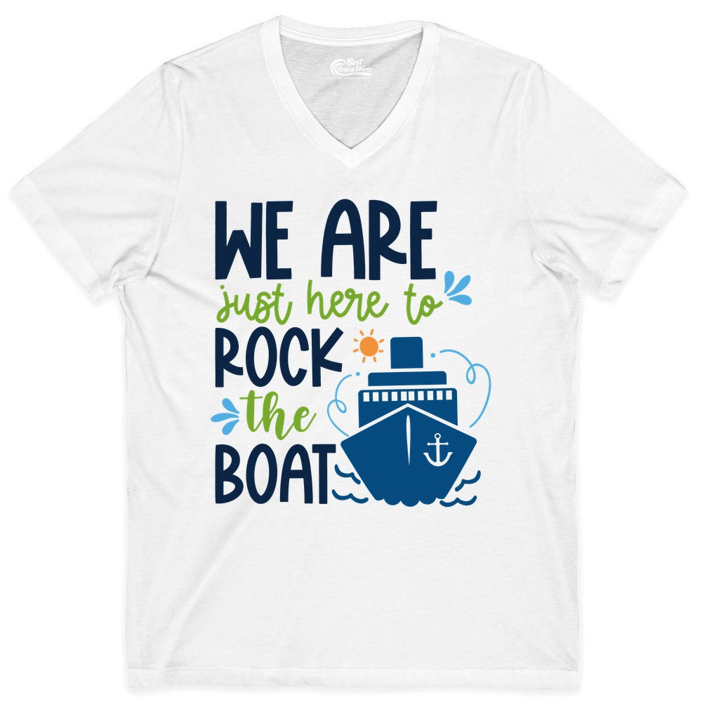 Funny Cruise Shirt - Rock the Boat Cruise Vacation Group Tee (V-Neck) in White - Funny Cruise Shirt - We Are Here To Rock The Boat Playful Ship Design