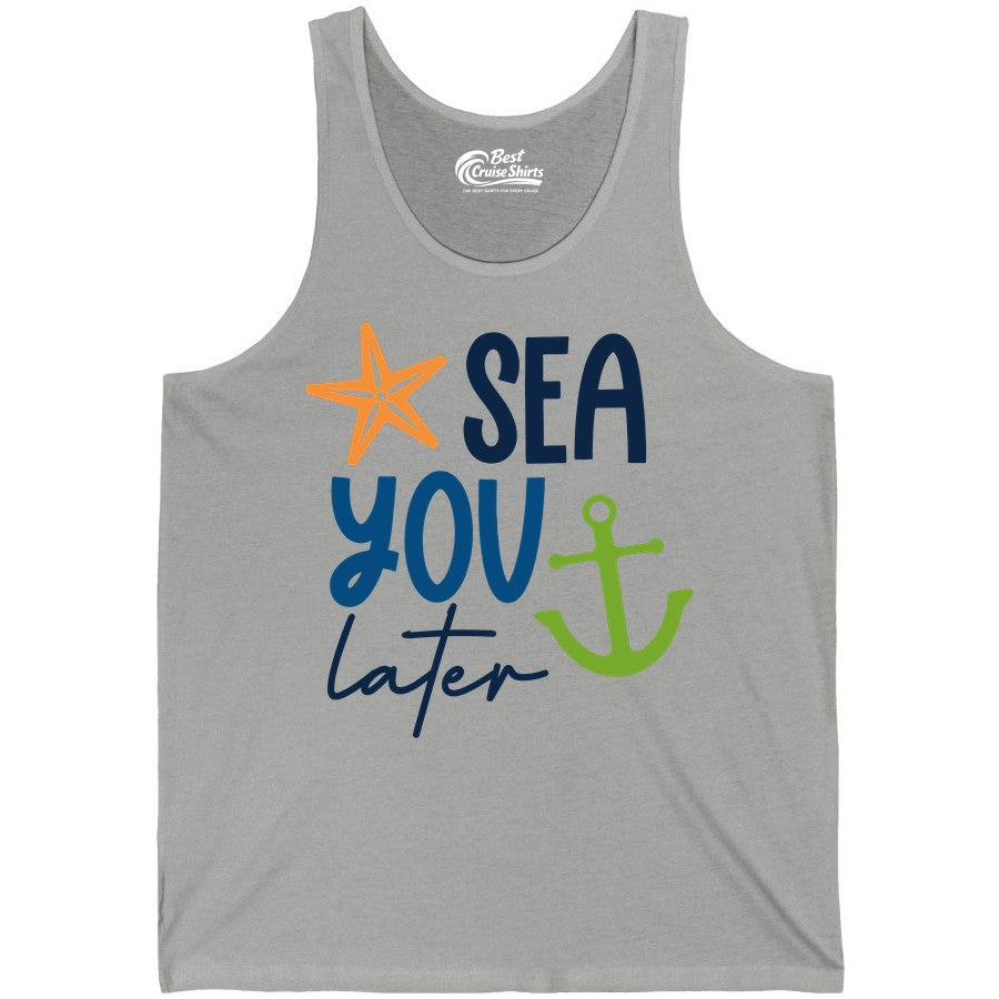 Sea You Later Shirt - Nautical Apparel for Cruise or Beach Trips (Tank Top) in Athletic Heather - Sea You Later Nautical Pun Shirt with Starfish and Anchor Graphic