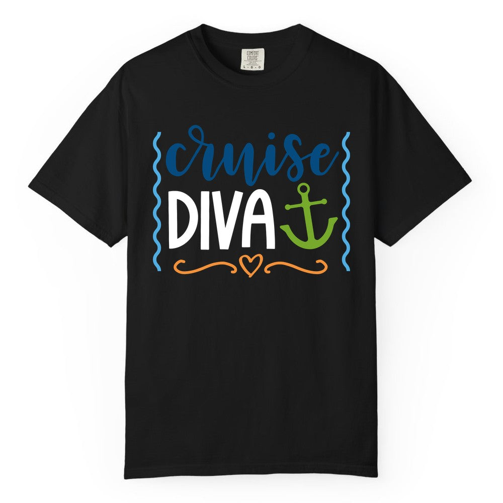 Cruise Diva Shirt - Nautical Vacation Apparel for Women Cruisers (Comfort Color) in Black - Cruise Diva Nautical Anchor Shirt - Playful Fun Girls Trip Top