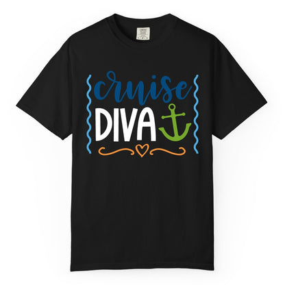 Cruise Diva Shirt - Nautical Vacation Apparel for Women Cruisers (Comfort Color) in Black - Cruise Diva Nautical Anchor Shirt - Playful Fun Girls Trip Top