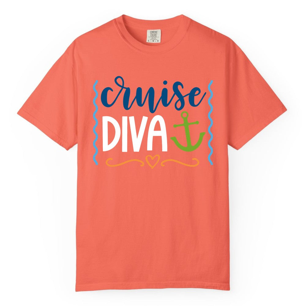 Cruise Diva Shirt - Nautical Vacation Apparel for Women Cruisers (Comfort Color) in Bright Salmon - Cruise Diva Nautical Anchor Shirt - Playful Fun Girls Trip Top