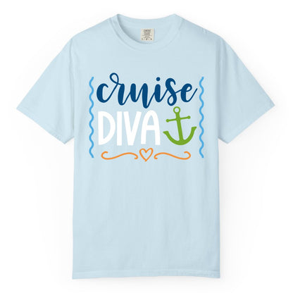 Cruise Diva Shirt - Nautical Vacation Apparel for Women Cruisers (Comfort Color) in Chambray - Cruise Diva Nautical Anchor Shirt - Playful Fun Girls Trip Top
