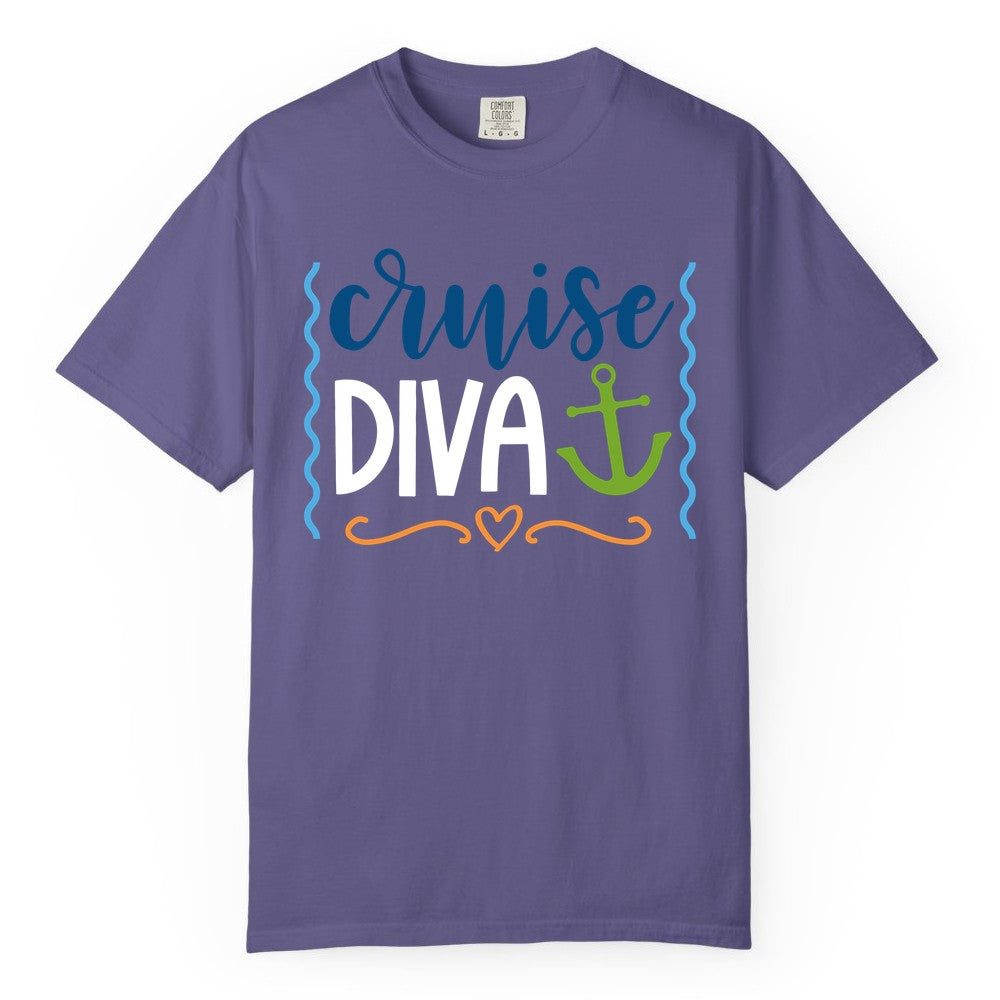 Cruise Diva Shirt - Nautical Vacation Apparel for Women Cruisers (Comfort Color) in Grape - Cruise Diva Nautical Anchor Shirt - Playful Fun Girls Trip Top
