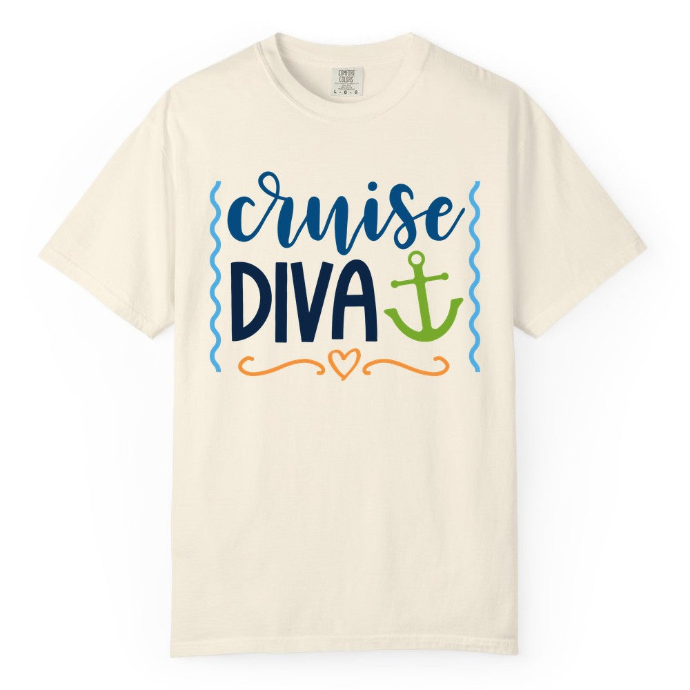 Cruise Diva Shirt - Nautical Vacation Apparel for Women Cruisers (Comfort Color) in Ivory - Cruise Diva Nautical Anchor Shirt - Playful Fun Girls Trip Top