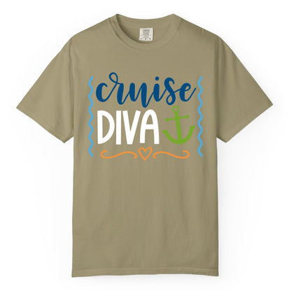 Cruise Diva Shirt - Nautical Vacation Apparel for Women Cruisers (Comfort Color) in Khaki - Cruise Diva Nautical Anchor Shirt - Playful Fun Girls Trip Top