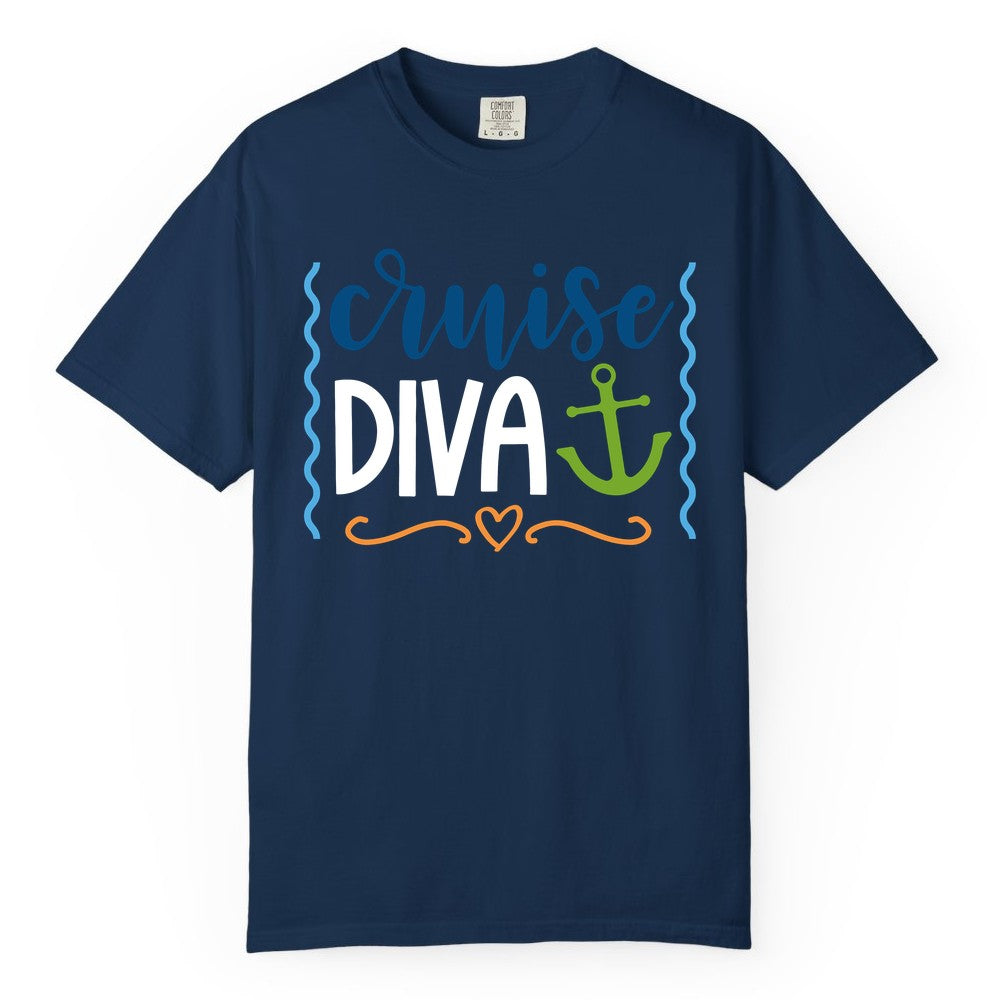 Cruise Diva Shirt - Nautical Vacation Apparel for Women Cruisers (Comfort Color) in Navy - Cruise Diva Nautical Anchor Shirt - Playful Fun Girls Trip Top