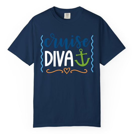 Cruise Diva Shirt - Nautical Vacation Apparel for Women Cruisers (Comfort Color) in Navy - Cruise Diva Nautical Anchor Shirt - Playful Fun Girls Trip Top