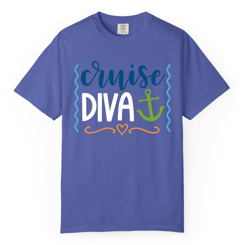 Cruise Diva Shirt - Nautical Vacation Apparel for Women Cruisers (Comfort Color) in Periwinkle - Cruise Diva Nautical Anchor Shirt - Playful Fun Girls Trip Top