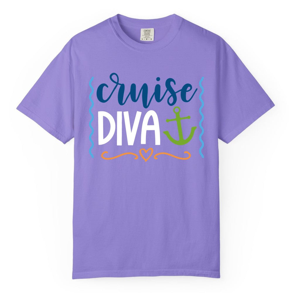Cruise Diva Shirt - Nautical Vacation Apparel for Women Cruisers (Comfort Color) in Violet - Cruise Diva Nautical Anchor Shirt - Playful Fun Girls Trip Top