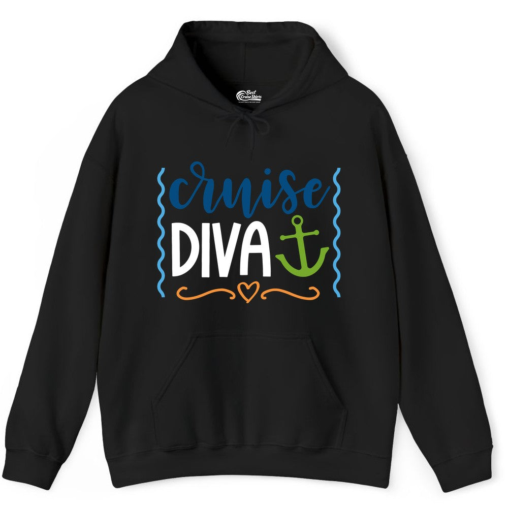 Cruise Diva Shirt - Nautical Vacation Apparel for Women Cruisers (Hoodie) in Black - Cruise Diva Nautical Anchor Shirt - Playful Fun Girls Trip Top