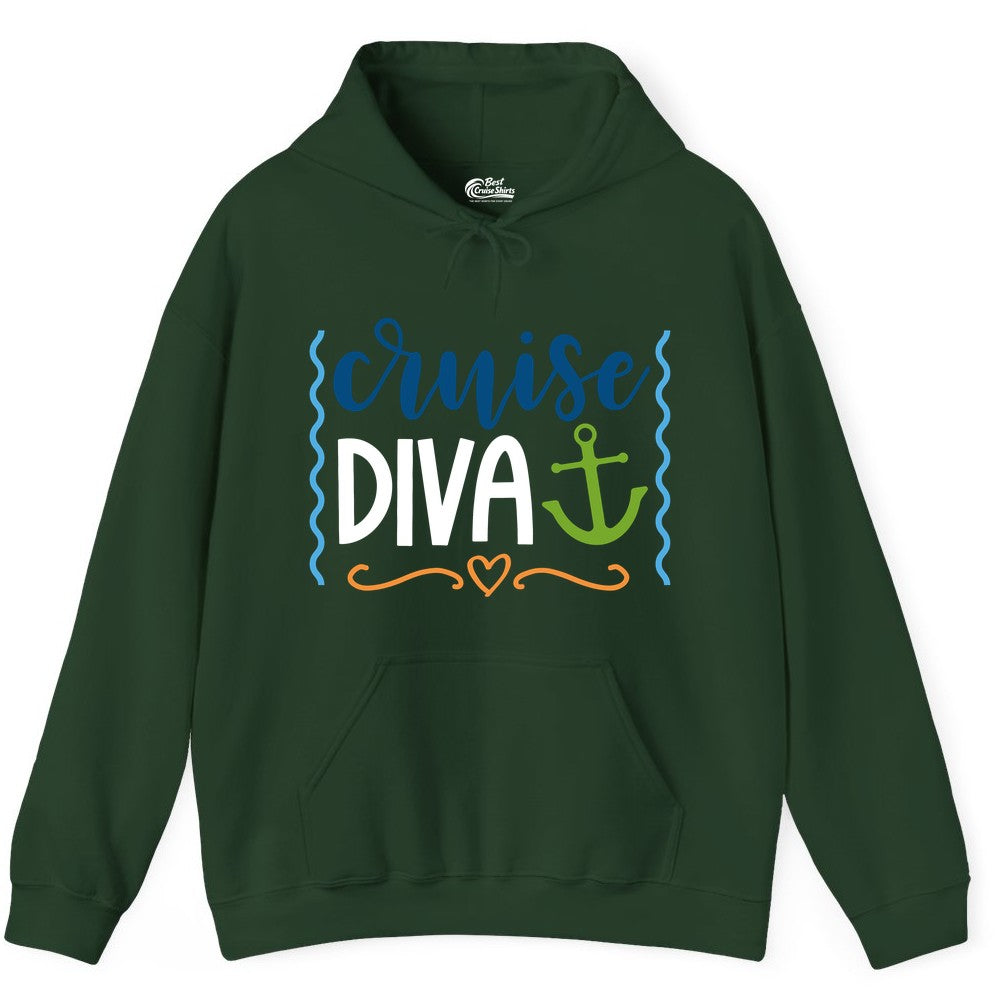 Cruise Diva Shirt - Nautical Vacation Apparel for Women Cruisers (Hoodie) in Forest Green - Cruise Diva Nautical Anchor Shirt - Playful Fun Girls Trip Top