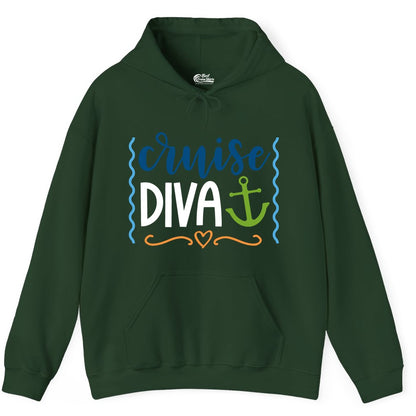 Cruise Diva Shirt - Nautical Vacation Apparel for Women Cruisers (Hoodie) in Forest Green - Cruise Diva Nautical Anchor Shirt - Playful Fun Girls Trip Top